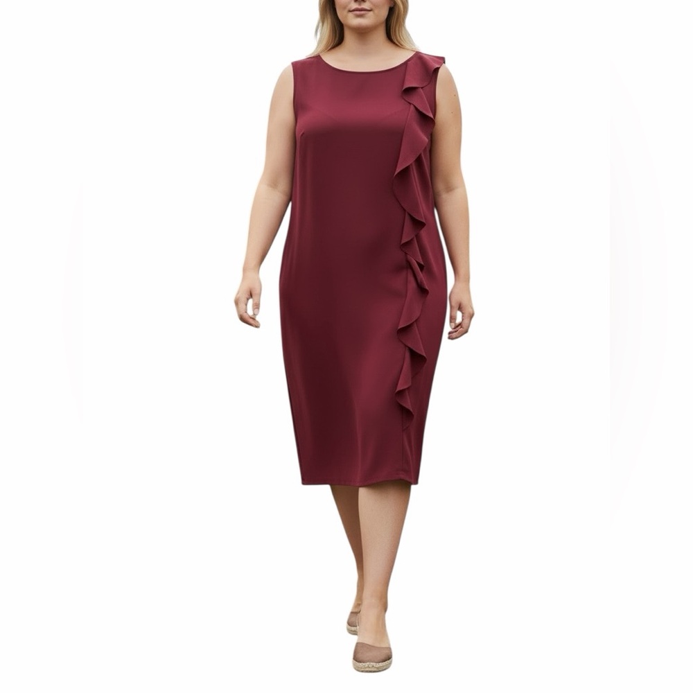 Lafayette 148 NY Burgundy Ruffle Trim Sleeveless Sheath Dress L